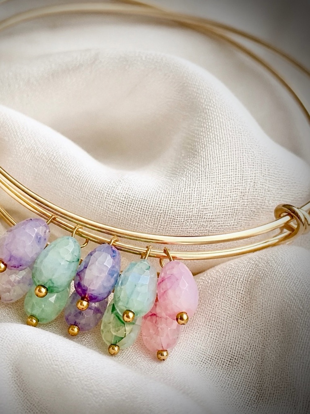 Handcrafted Gold Wire Bangle Bracelet with Faceted Gemstone Charms